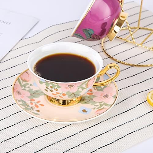 Porcelán Kávés csészét szett, tea teáscsésze, a csészét kanál, pohártartó készlet díszdobozban，megfelelő ajándék (Lila-rózsaszín)