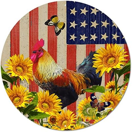 Vintage Fém Tábla Emléktábla Viharvert Hazafias Amerikai Zászló Tanyasi Csirke, Kakas, Valamint a Napraforgó Retro Haza Fal