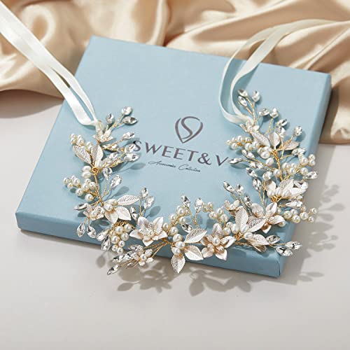 SWEETV Kézzel készített Strasszos Menyasszonyi Fejpánt Virág-Levél Menyasszonyi Headpieces Esküvői Gyöngy Haj Tartozékok