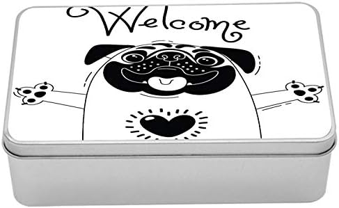 Ambesonne Pug Fém Doboz, Fekete-Fehér Kutya Szívesen Szót A Feje felett Vendéglátás Boldogság Kép, Többcélú Négyszögletes
