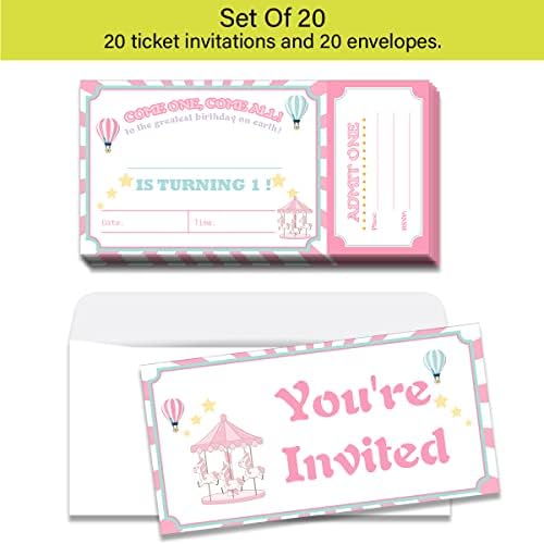 GUDIAO 20 Csomag Rózsaszín Karnevál 1. Szülinapi Meghívók, Belépőjegyek a Borítékok Lányok Karnevál Első Születésnapi Jegy