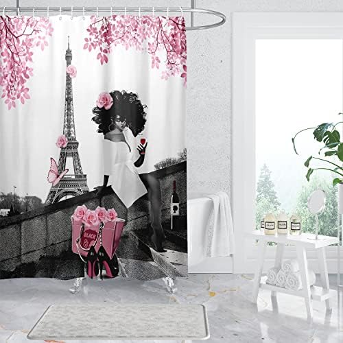TYAKASHA zuhanyfüggöny Afro-Amerikai Nő Afro Hölgy withn Rózsaszín Rózsa Divat Fekete Lány Eiffel-Torony 72x72 Cm Vízálló