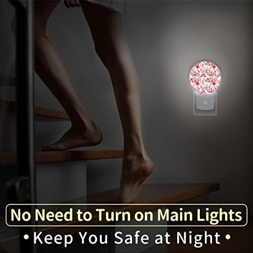 DXTKWL Akvarell Disznó Állat Kerek Night Lights 2 Csomag, Rózsa Virág Plug-in LED NightLights Auto Alkonyat Hajnal Érzékelő