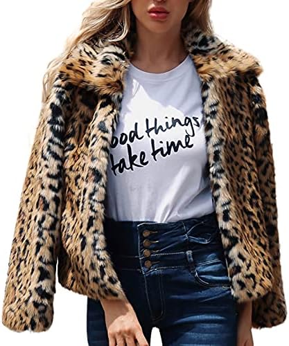FOVIGUO Női Kabát Hajtókáját Leopárd mintás Plüss Nyissa ki az Elülső Kardigán - Hosszú Ujjú Meleg Műbőr Kabát Téli Kabát