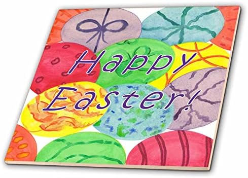 3dRose Akvarell színes Húsvéti tojás Boldog Húsvéti lila betűk - Csempe (ct_357462_1)