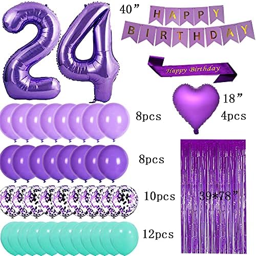 Lila 24-ÉN születésnapi Party Dekorációk, Kellékek Lila téma Boldog Szülinapot szárny 40inch Fólia Lufi, 24-es Szív Fólia