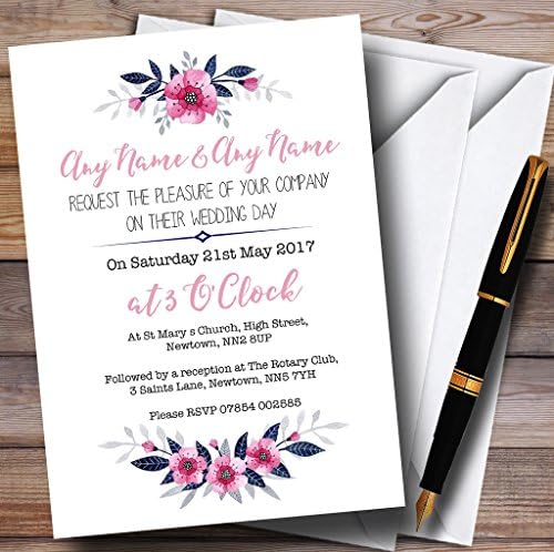 Sötétkék & Rózsaszín Finom Virágos Személyre Szabott Esküvői Meghívók