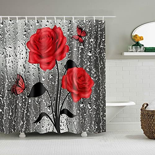 Fangkun Fürdőszobában Zuhanyzó Függöny Art Dekor Készlet - Rózsa Virág, Pillangó Festett Design - Poliészter Szövet Fürdő