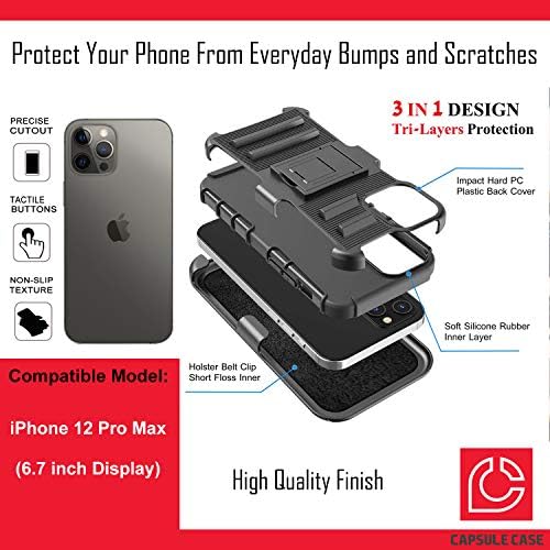 Ohiya Esetben Kompatibilis az iPhone 12 Pro Max [Katonai szintű Védelem, Ütésálló, nagy teherbírású Állvány Védő Tok Fekete-Ügy]