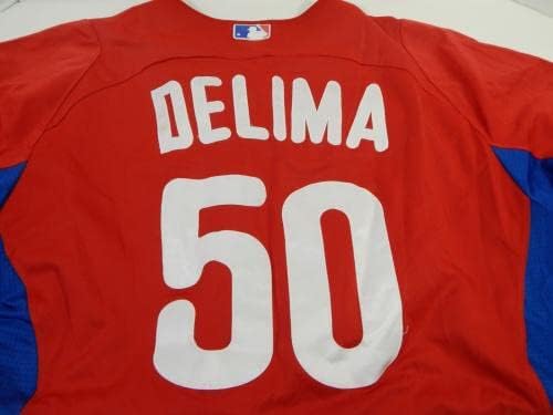 2011-13-as Philadelphia Phillies Rafael Delima 50 Játék Használt Piros Mez ST BP 46 44 - Játék Használt MLB Mezek